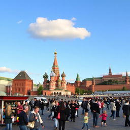 A panoramic view of Red Square in Moscow, showcasing the iconic Saint Basil's Cathedral with its brightly colored onion domes, surrounded by historic buildings like the State Historical Museum and the imposing walls of the Kremlin