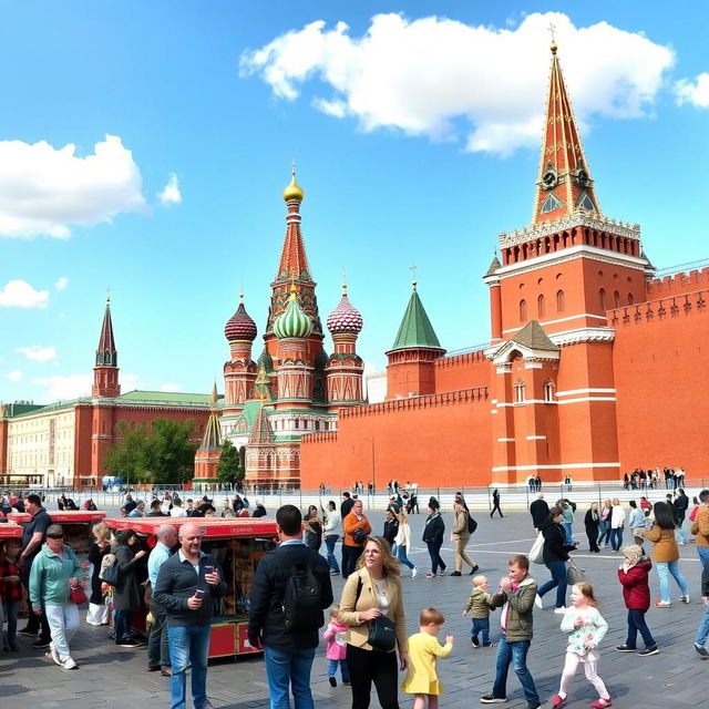 A panoramic view of Red Square in Moscow, showcasing the iconic Saint Basil's Cathedral with its brightly colored onion domes, surrounded by historic buildings like the State Historical Museum and the imposing walls of the Kremlin