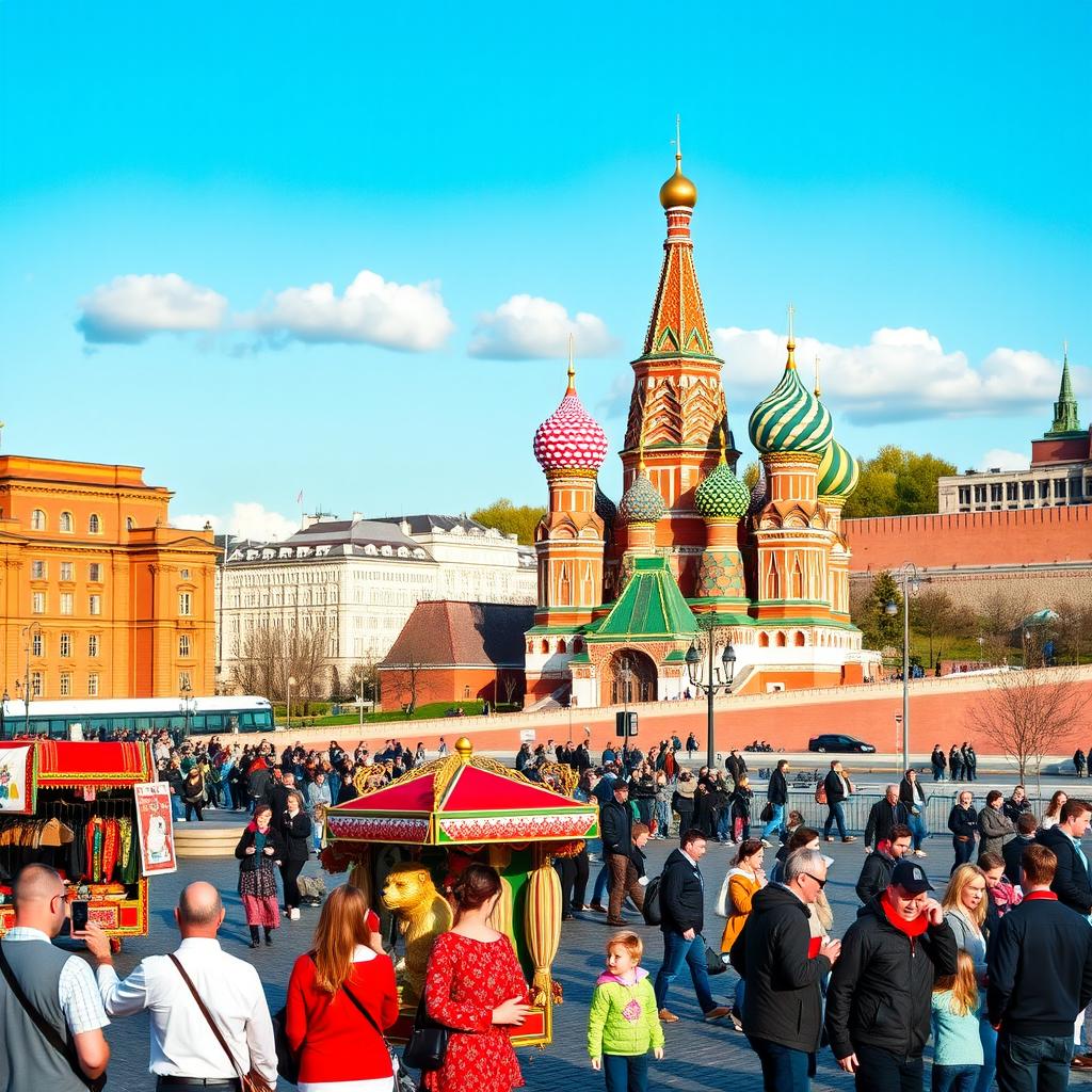 A panoramic view of Red Square in Moscow, showcasing the iconic Saint Basil's Cathedral with its brightly colored onion domes, surrounded by historic buildings like the State Historical Museum and the imposing walls of the Kremlin