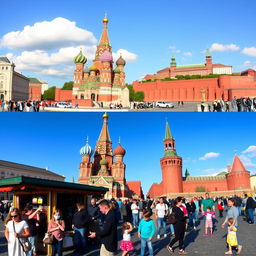 A panoramic view of Red Square in Moscow, showcasing the iconic Saint Basil's Cathedral with its brightly colored onion domes, surrounded by historic buildings like the State Historical Museum and the imposing walls of the Kremlin