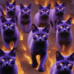 Show the vast, menacing army of purple cats marching forth in the fiery background, their eyes shining with a determined eerie glow, echoing the sinister aura of their leader.