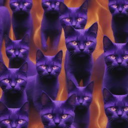 Show the vast, menacing army of purple cats marching forth in the fiery background, their eyes shining with a determined eerie glow, echoing the sinister aura of their leader.