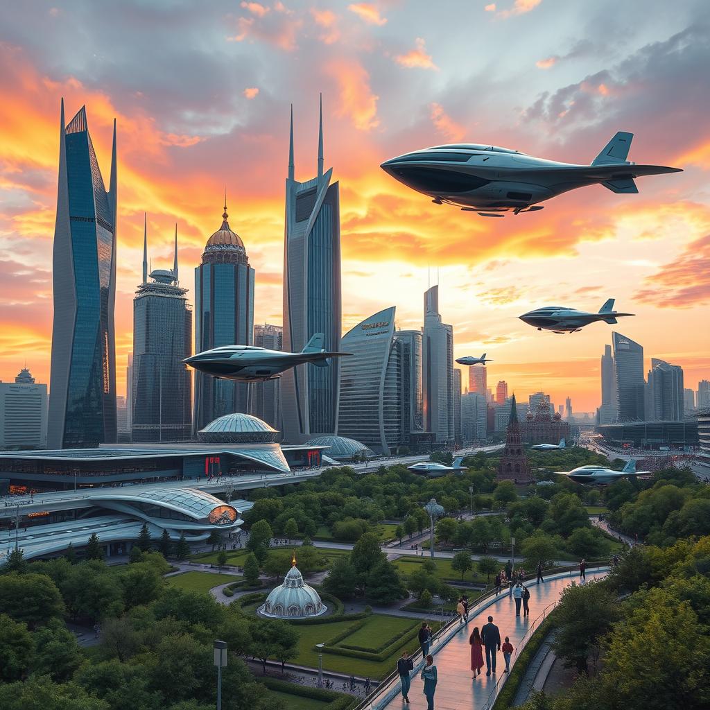 A futuristic skyline of Moscow featuring sleek, towering skyscrapers with innovative designs and glass facades