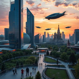 A futuristic skyline of Moscow featuring sleek, towering skyscrapers with innovative designs and glass facades