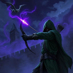 A hooded rogue assassin using a bow to attack, dressed in a green hooded cloak, a ninja mask, and black leather clothing