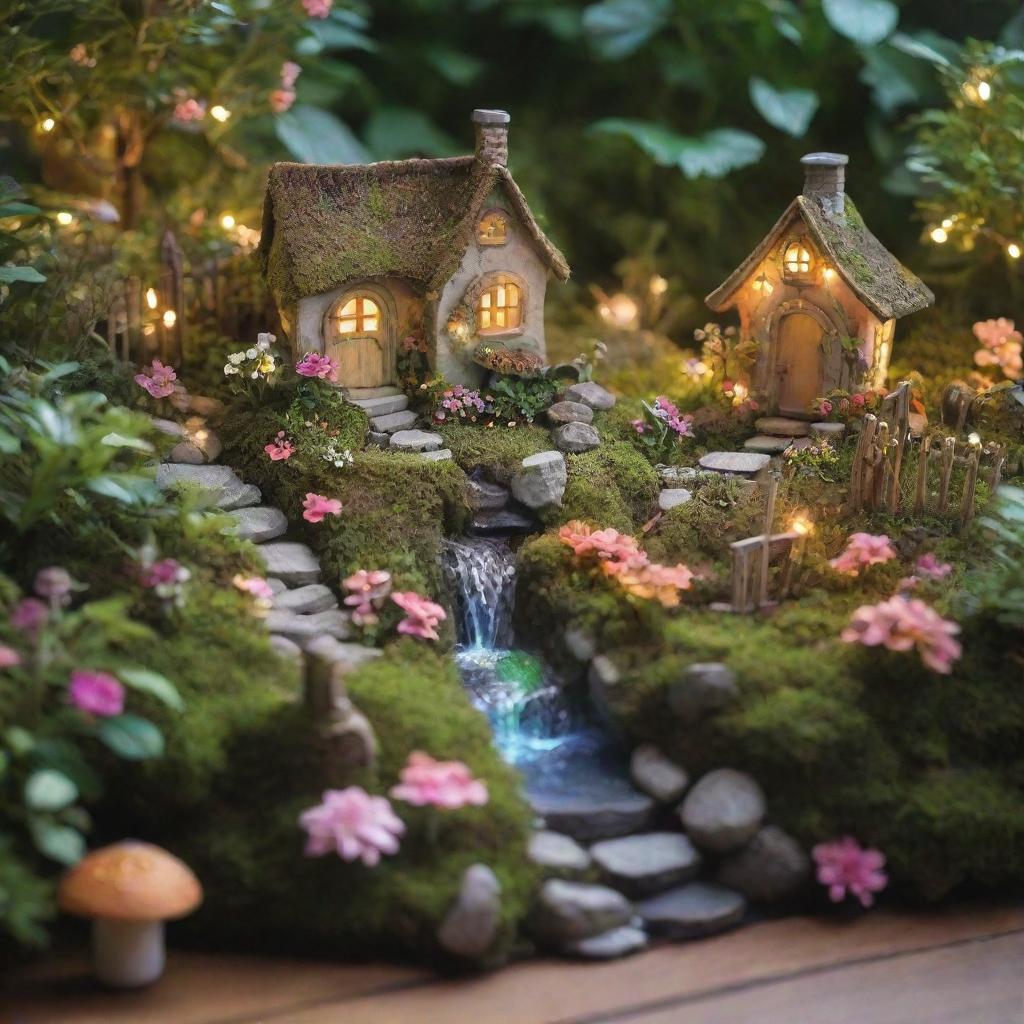 Create an image of a whimsical fairy garden with an assortment of vibrant flowers, tiny cottages, a miniature waterfall and glowing fairy lights amidst the greenery.