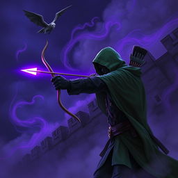 A hooded rogue assassin using a bow to attack, dressed in a green hooded cloak, a ninja mask, and black leather clothing