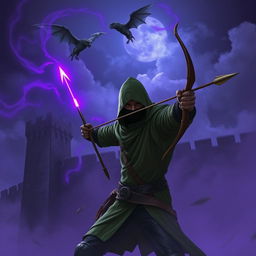 A hooded rogue assassin using a bow to attack, dressed in a green hooded cloak, a ninja mask, and black leather clothing