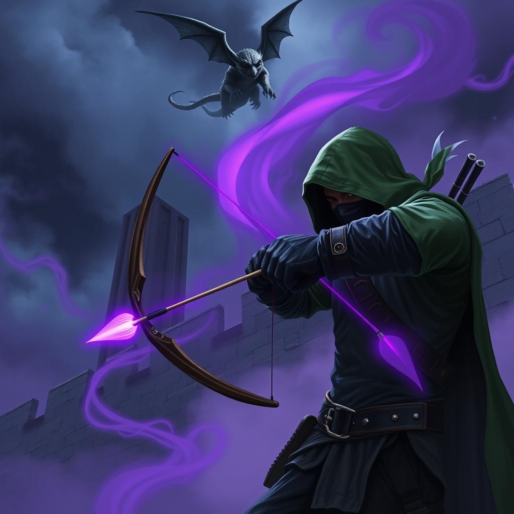 A hooded rogue assassin using a bow to attack, dressed in a green hooded cloak, a ninja mask, and black leather clothing