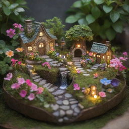 Create an image of a whimsical fairy garden with an assortment of vibrant flowers, tiny cottages, a miniature waterfall and glowing fairy lights amidst the greenery.