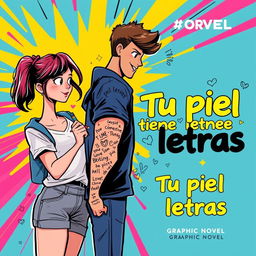 A vibrant book cover for the graphic novel titled "Tu piel tiene letras", aimed at a youthful audience
