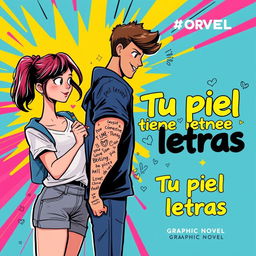 A vibrant book cover for the graphic novel titled "Tu piel tiene letras", aimed at a youthful audience