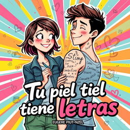 A vibrant book cover for the graphic novel titled "Tu piel tiene letras", aimed at a youthful audience