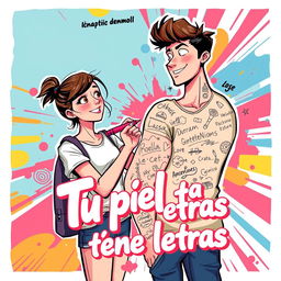 A vibrant book cover for the graphic novel titled "Tu piel tiene letras", aimed at a youthful audience