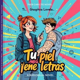 A vibrant book cover for the graphic novel titled "Tu piel tiene letras", aimed at a youthful audience