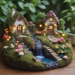 Create an image of a whimsical fairy garden with an assortment of vibrant flowers, tiny cottages, a miniature waterfall and glowing fairy lights amidst the greenery.