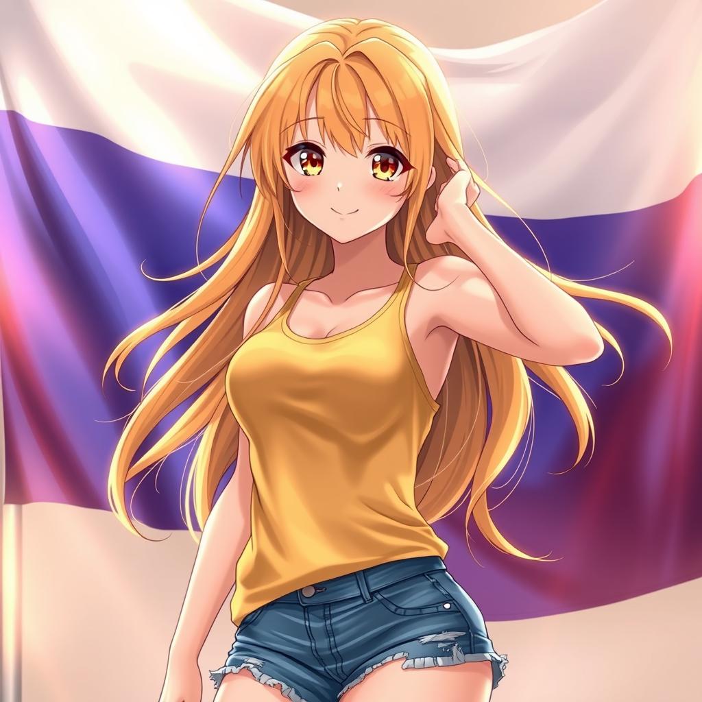 An anime-style illustration featuring a beautiful girl with long, flowing golden hair and striking amber eyes