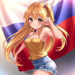 An anime-style illustration featuring a beautiful girl with long, flowing golden hair and striking amber eyes