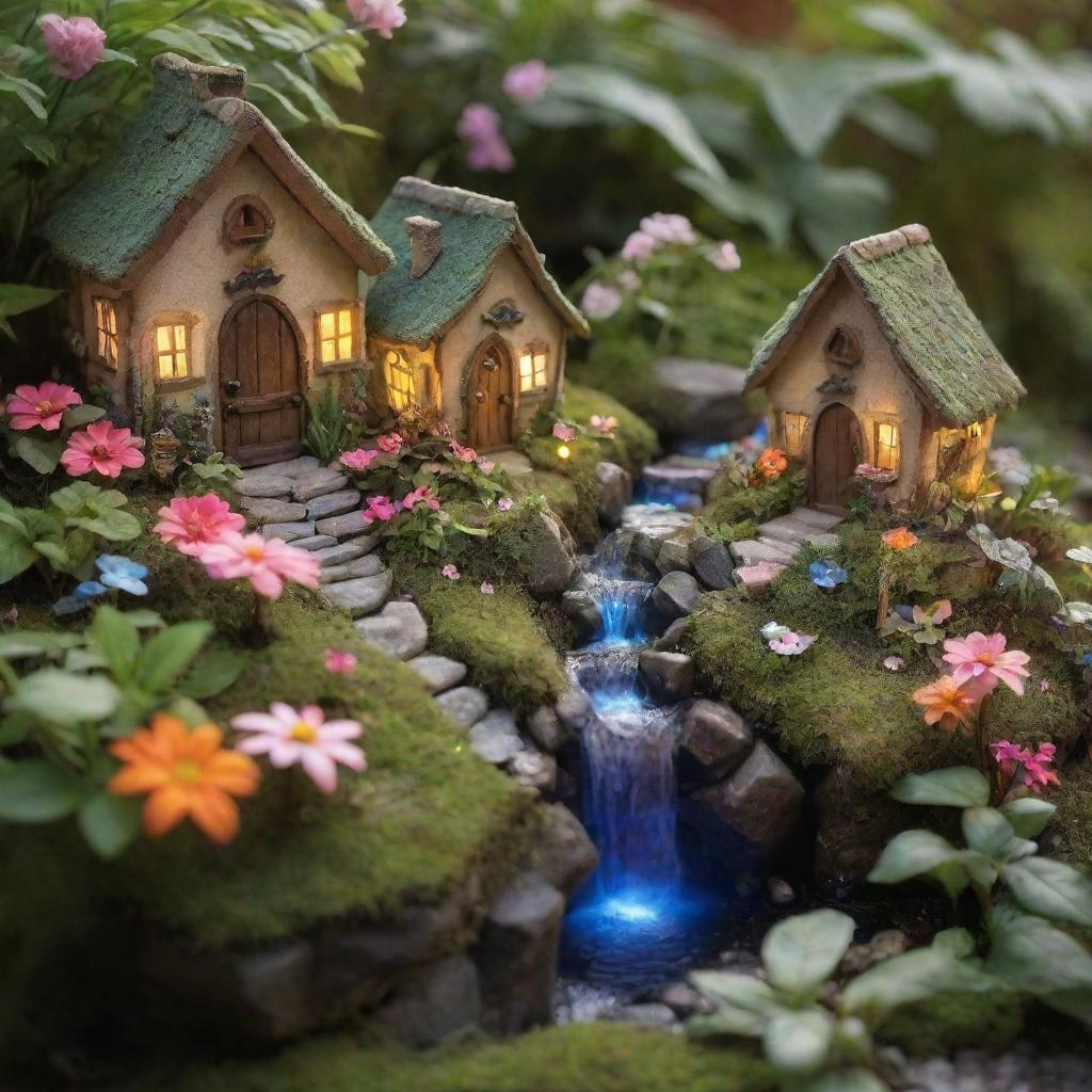 Create an image of a whimsical fairy garden with an assortment of vibrant flowers, tiny cottages, a miniature waterfall and glowing fairy lights amidst the greenery.