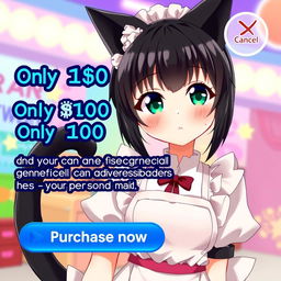 An anime-style internet advertisement featuring an enchanting cat girl maid with sleek black hair and cat ears, embodying a blend of charm and playful allure