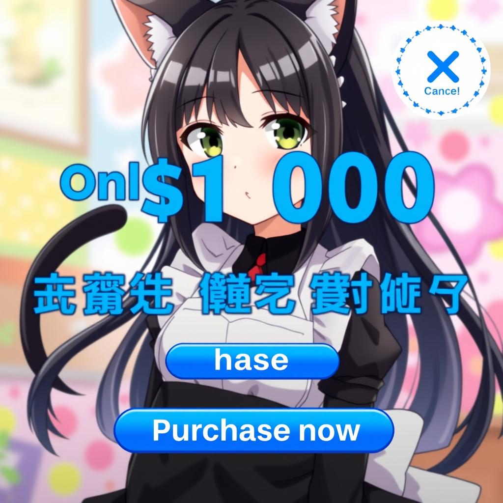 An anime-style internet advertisement featuring an enchanting cat girl maid with sleek black hair and cat ears, embodying a blend of charm and playful allure