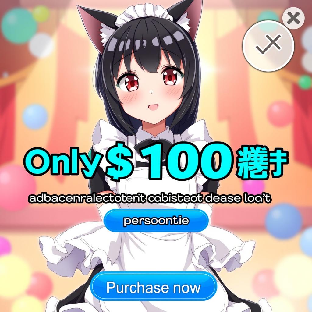 An anime-style internet advertisement featuring an enchanting cat girl maid with sleek black hair and cat ears, embodying a blend of charm and playful allure