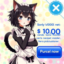 An anime-style internet advertisement featuring a black-haired cat girl maid in a cute and alluring pose