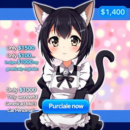 An anime-style internet advertisement featuring a black-haired cat girl maid in a cute and alluring pose