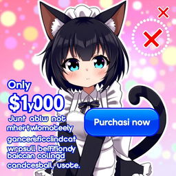 An anime-style internet advertisement featuring a black-haired cat girl maid in a cute and alluring pose