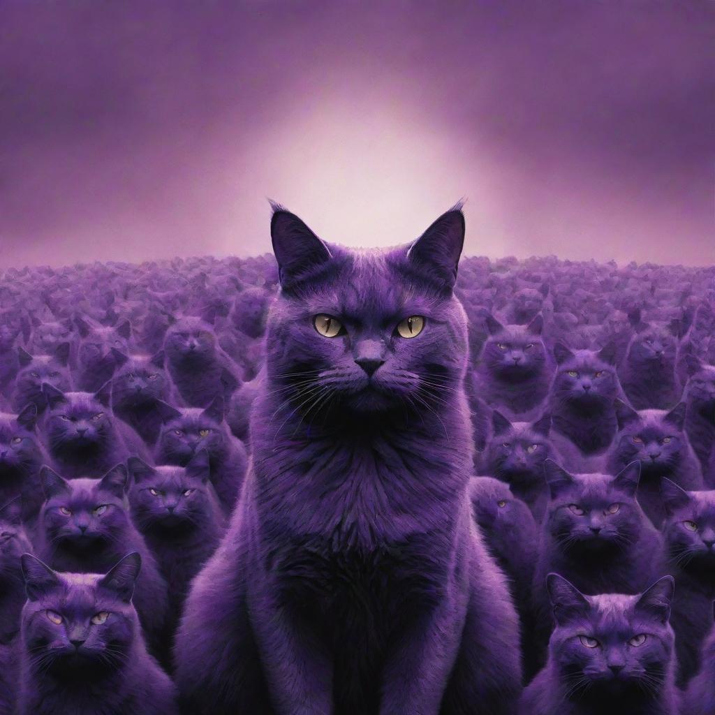 The monstrous purple cat with its daunting feline army now reigning over the world, the entire globe cast under their shadow, marking the dawn of new era.