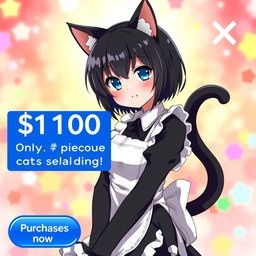 An anime-style internet advertisement featuring a black-haired cat girl maid in a cute and alluring pose