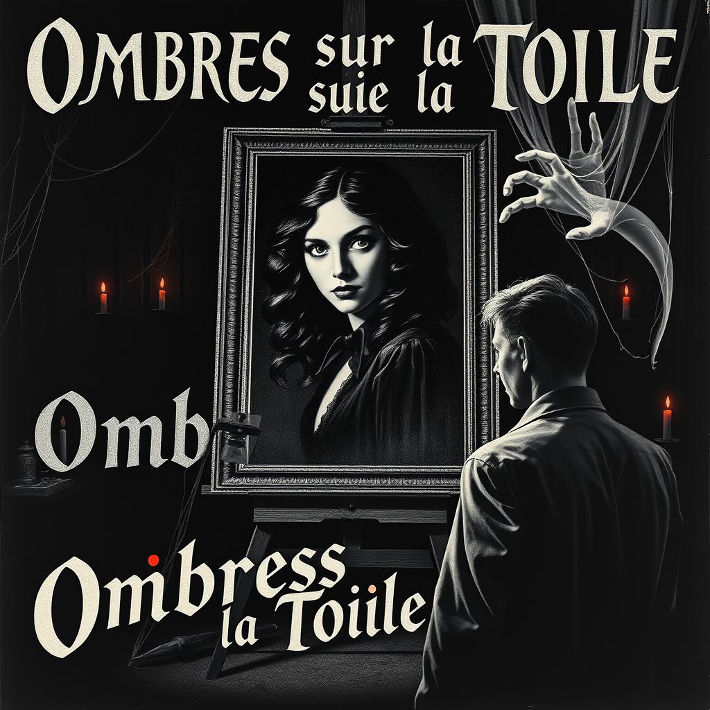 A vintage 1920s silent horror film poster for "Ombres sur la Toile" (Shadows on the Canvas)