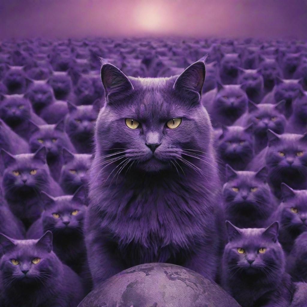 The monstrous purple cat with its daunting feline army now reigning over the world, the entire globe cast under their shadow, marking the dawn of new era.