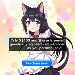 An anime-style internet advertisement featuring a captivating cat girl maid with sleek black hair and adorable cat ears, exuding charm and playfulness