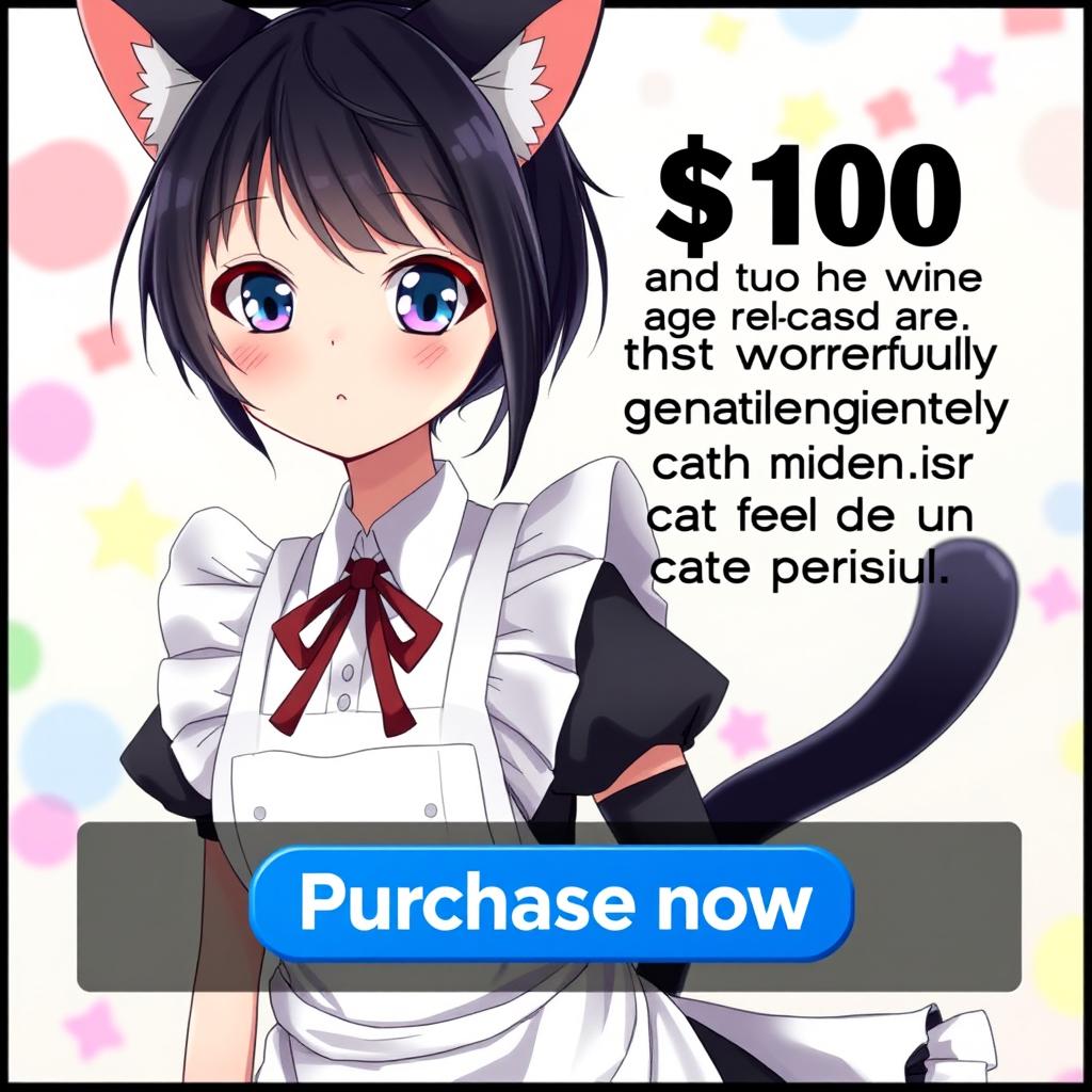 An anime-style internet advertisement featuring a captivating cat girl maid with sleek black hair and adorable cat ears, exuding charm and playfulness