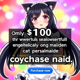 An anime-style internet advertisement featuring a captivating cat girl maid with sleek black hair and adorable cat ears, exuding charm and playfulness