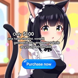 An anime-style internet advertisement featuring a captivating cat girl maid with sleek black hair and adorable cat ears, exuding charm and playfulness