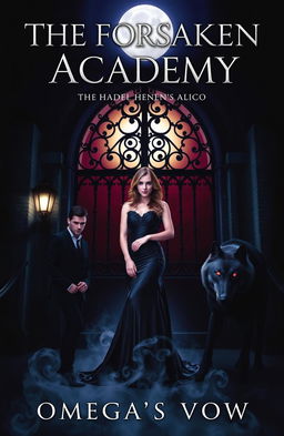 A dark, moody book cover featuring a beautiful woman dressed in an elegant gothic gown, standing confidently before the imposing gothic gates of Lycroft Academy underneath a glowing full moon