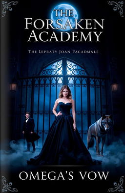 A dark, moody book cover featuring a beautiful woman dressed in an elegant gothic gown, standing confidently before the imposing gothic gates of Lycroft Academy underneath a glowing full moon