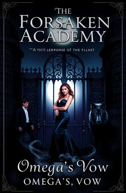 A dark, moody book cover featuring a beautiful woman dressed in an elegant gothic gown, standing confidently before the imposing gothic gates of Lycroft Academy underneath a glowing full moon