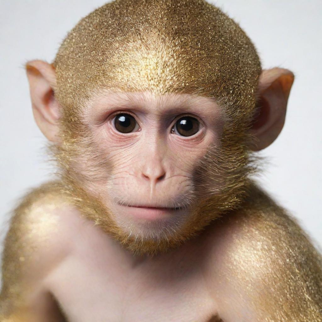 Generate an image of a young-looking, half-human monkey with shimmering golden fur and deep black eyes.