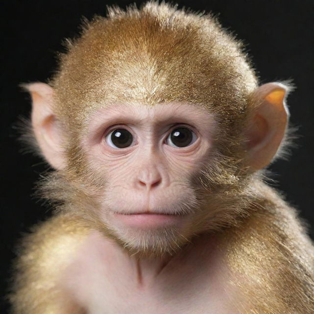 Generate an image of a young-looking, half-human monkey with shimmering golden fur and deep black eyes.