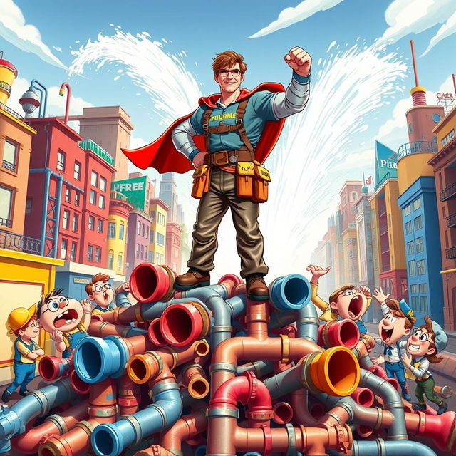 A comedic and action-packed scene depicting a plumber in a superhero outfit, complete with a utility belt filled with plumbing tools