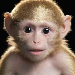 Generate an image of a young-looking, half-human monkey with shimmering golden fur and deep black eyes.