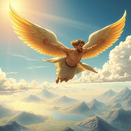 A powerful illustration of Icarus, the character from Greek mythology, soaring through the sky with his innovative wings made of feathers and wax