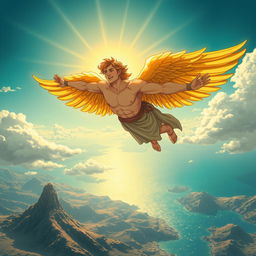 A powerful illustration of Icarus, the character from Greek mythology, soaring through the sky with his innovative wings made of feathers and wax