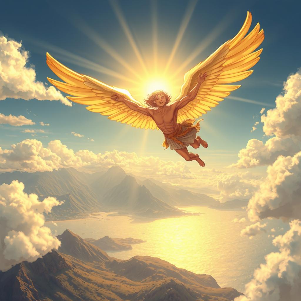 A powerful illustration of Icarus, the character from Greek mythology, soaring through the sky with his innovative wings made of feathers and wax