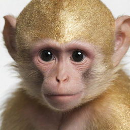 Generate an image of a young-looking, half-human monkey with shimmering golden fur and deep black eyes.