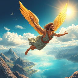 A powerful illustration of Icarus, the character from Greek mythology, soaring through the sky with his innovative wings made of feathers and wax