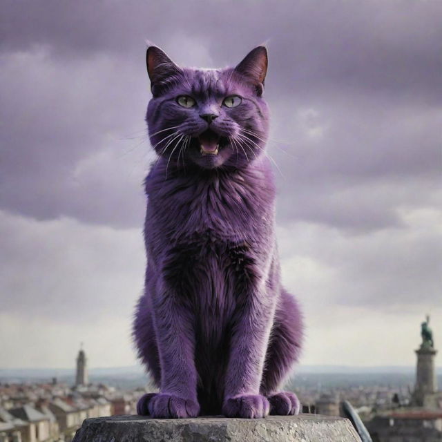 The evil, towering, purple cat standing atop the world, overlooking its conquering army, a triumphant snarl on its face as the world rests under its paw.